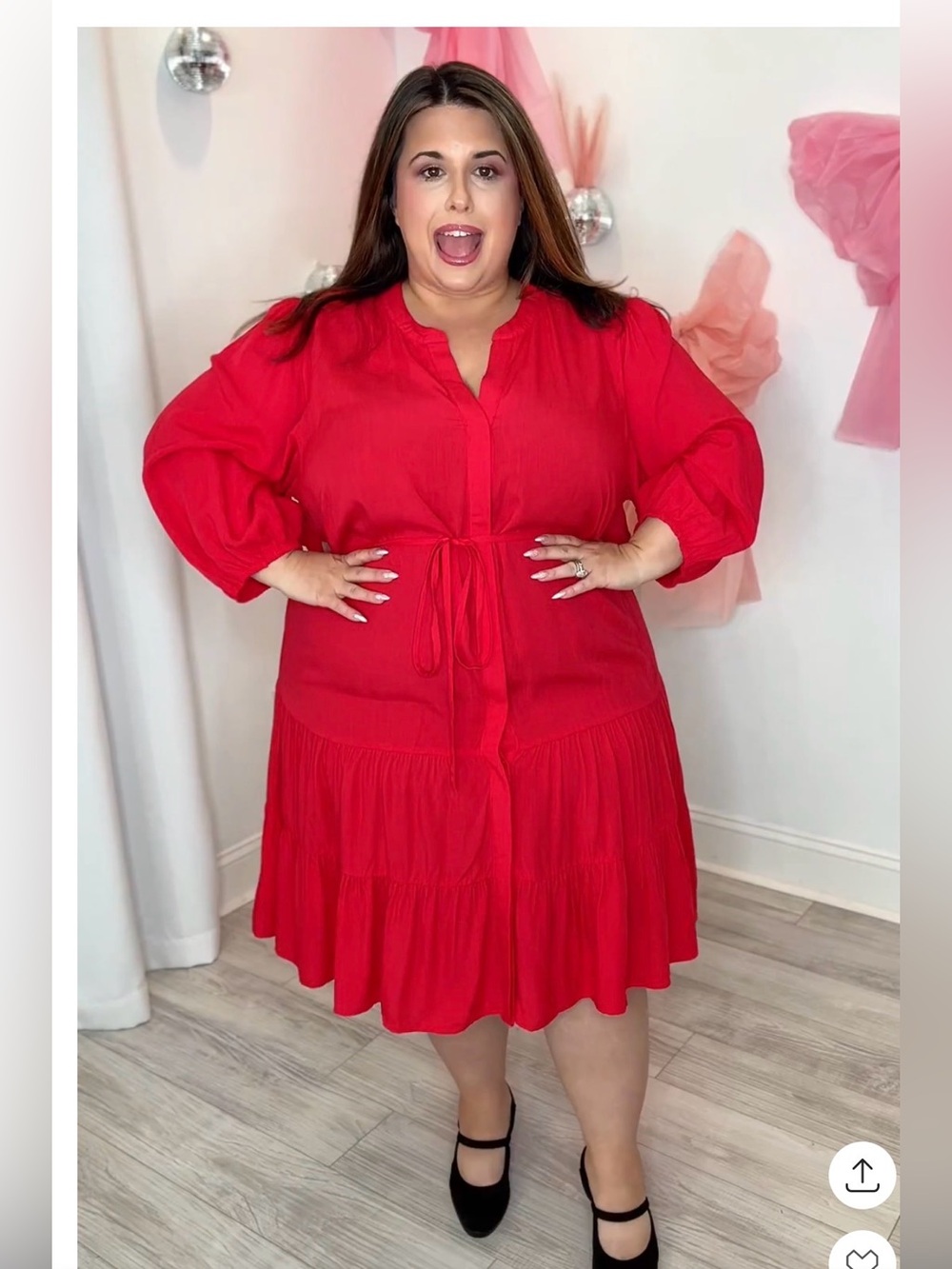 Plus Red Tiered Midi Dress with Tie Waist